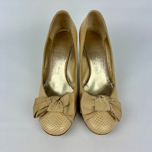 Salvatore Ferragamo Womens Tan Snake Embossed Leather Pumps Suede Bow size 9.5 - Picture 2 of 16